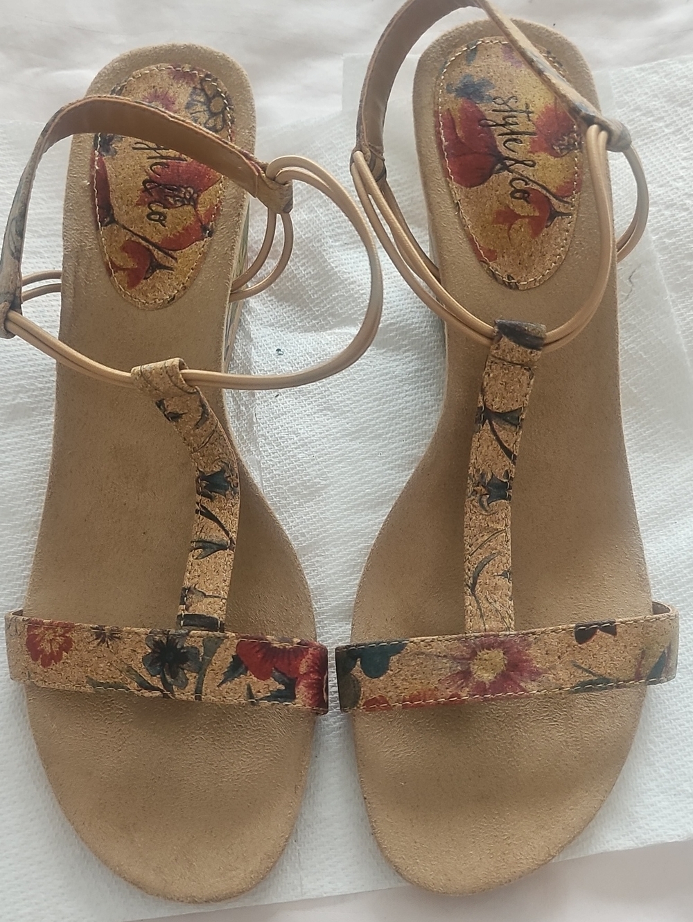 Style & Co. Floral Cork T-Strap Sandals in Tan and Multicolor Floral